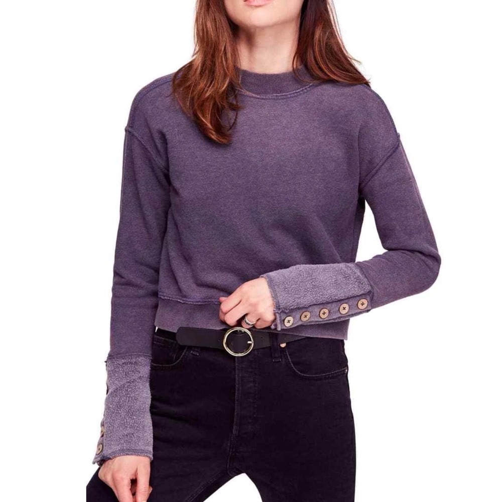 Free People Movement Mock Neck Cropped Sweatshirt Purple/Grey Button Cuff Small